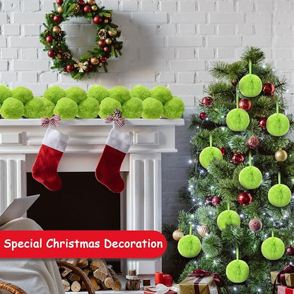 24 Pcs Green Furry Christmas Ball Ornaments for Tree 3.94 Inches Large Pom Pom Ball Christmas Hanging Decoration for Party Supplies Fireplace Mantel Wall Decor