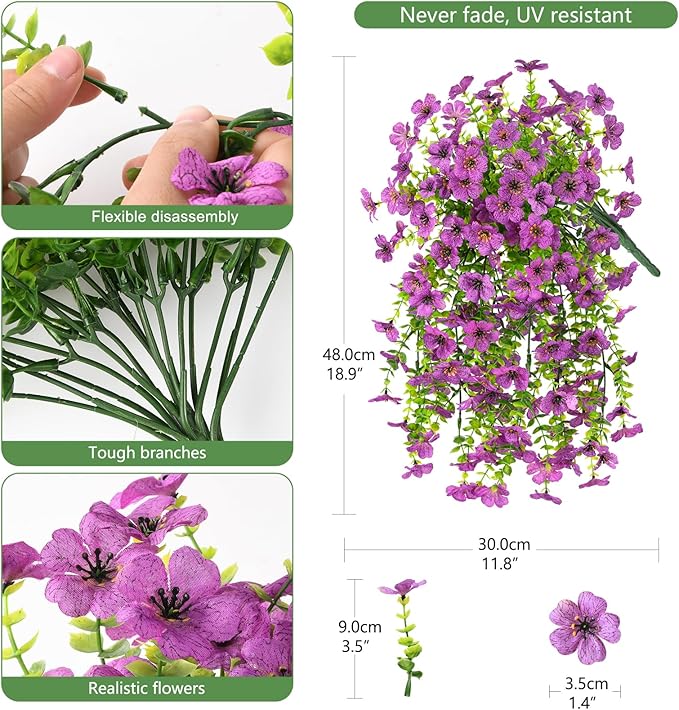 INQCMY 2Pcs Artificial Flowers for Outdoors UV Resistant Artificial Plants Easy Assembly for Spring Decor Look Real Faux Hanging Flowers for Outside Home Planter Porch Patio Decor