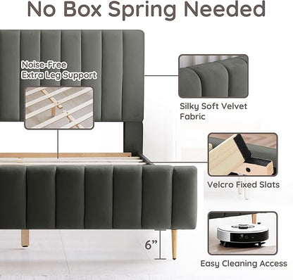 Livinia Queen Size Elton Velvet Platform Bed, Upholstered Bed Frame with Vertical Channel Tufted Headboard Footboard, Strong Wood Slats, No Box Spring Needed, Gray (Queen)