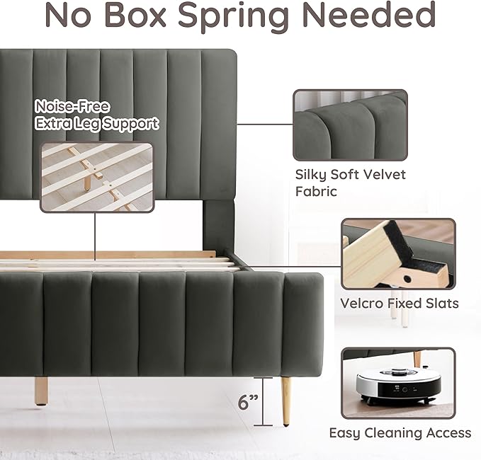 Livinia Full Size Elton Velvet Platform Bed, Upholstered Bed Frame with Vertical Channel Tufted Headboard Footboard, Strong Wood Slats, No Box Spring Needed, Gray (Full)