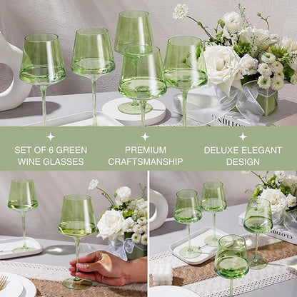 Physkoa Green Wine Glasses Set - 6-16oz Modern Colored Glassware With Tall Long Stem and Flat Bottom for Spring Home Party