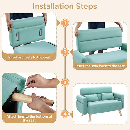 Yaheetech 46" Modern Fabric Loveseat Sofa Mid Century 2 Seater Couch Lumbar Pillows Solid Wood Legs, Aquamarine