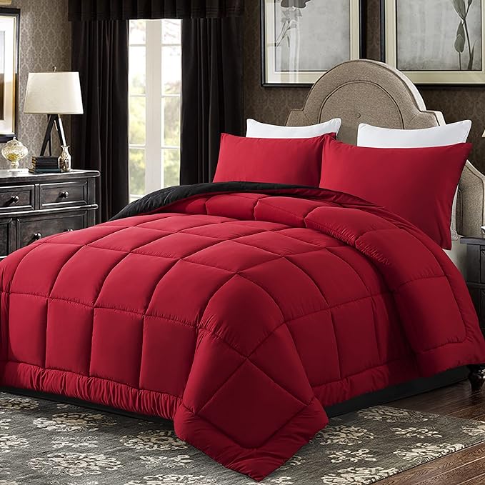 DOWNCOOL King Size Comforter Set -All Season Bedding Comforters Sets with 2 Pillow Cases -3 Pieces Bed Set Down Alternative King Bedding Set -Red/Black King Comforter Set(102"x90")