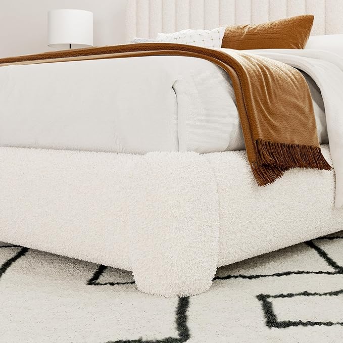 Queen Size Boucle Bed Frame, Upholstered Cloud Platform Bed Frame with Adjustable Headboard, Vertical Tufted, Soft Rounded Corners, No Box Spring Needed, Noise Free Design, Easy Assembly, Beige