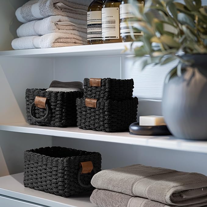 LA JOLIE MUSE Small Wicker Baskets for Organizing, Recycled Paper Rope Storage Basket Container Bins for Shelves Bathroom Cupboards Drawer, Decorative Square Basket Organizer Set of 3, Black
