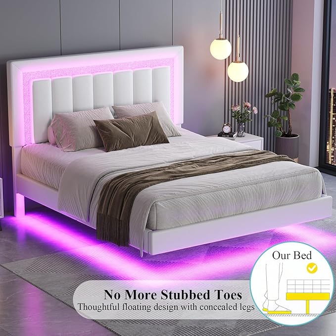 HOMBCK Floating Bed Frame Full with Smart LED Lights, Faux Leather Upholstered Platform Bed with Diamond PU Headboard, No Box Spring Needed, Noise-Free, Easy Assembly, White