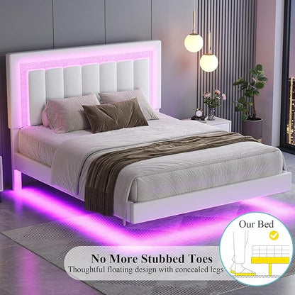 HOMBCK Floating Bed Frame Full with Smart LED Lights, Faux Leather Upholstered Platform Bed with Diamond PU Headboard, No Box Spring Needed, Noise-Free, Easy Assembly, White