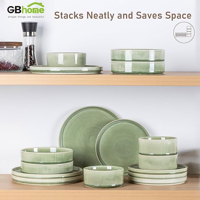 GBHOME Stoneware Dinnerware Sets for 6,Round Reactive Glaze Ceramic Plates and Bowls Set,Highly Scratch Resistant | Dishwasher & Microwave Safe Dishes Set,Service for 6(18Pcs)