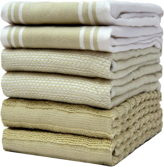 Premium Kitchen Towels 6 Pack Large Cotton Hand Towels Flat Terry Absorbent Wide Stripe Sage Green 20x28