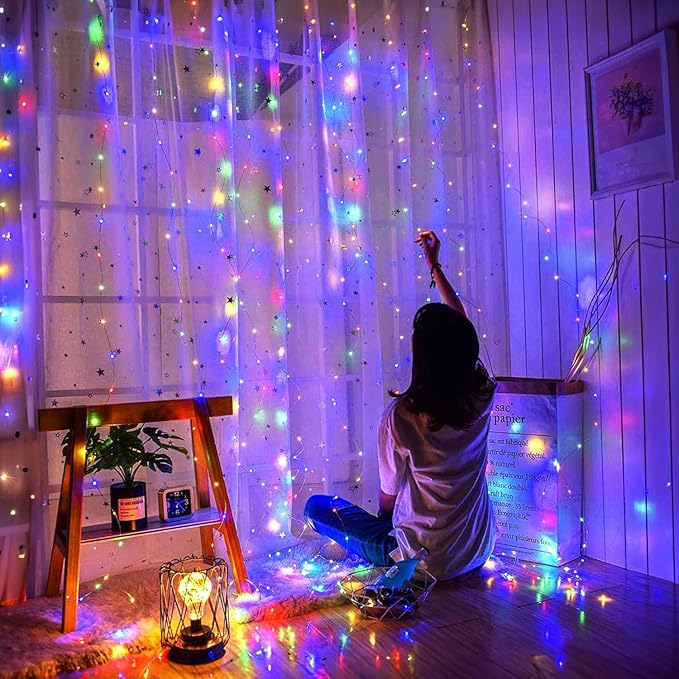 Minetom Curtain Lights, 300 LED Dimmable Fairy Lights with Remote and Timer, 8 Modes, USB Powered String Lights for Room Wall Party Xmas Indoor Decor, Multicolor