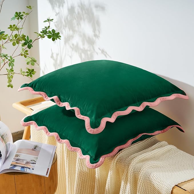MONDAY MOOSE Decorative Throw Pillow Covers Cushion Cases, Set of 2 Soft Velvet Scalloped Wavy Edge Designs, Mix and Match for Home Decor, Pillow Inserts Not Included (Pink/Green, 16x16 inch)