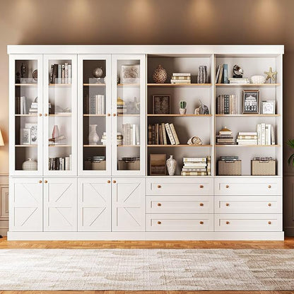 Vyre 71" Tall Farmhouse Bookshelves with Glass Doors and Drawers, Set of 4 – Large Modular Bookcase with Adjustable Shelves, Storage Cabinet for Living Room, Kitchen, White