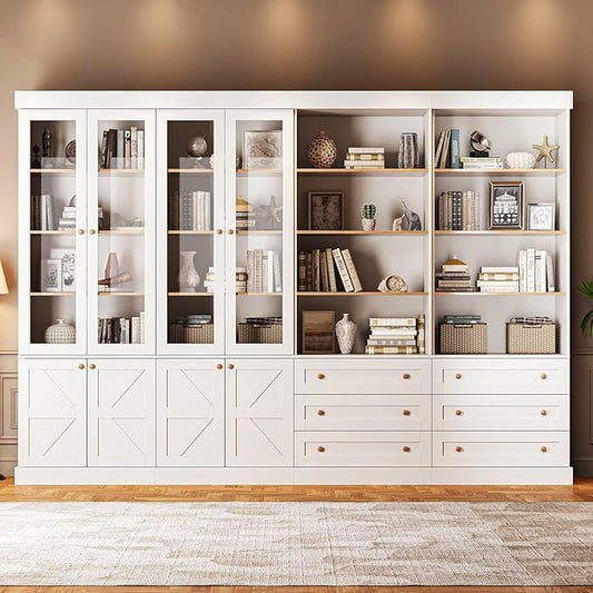 Vyre 71" Tall Farmhouse Bookshelves with Glass Doors and Drawers, Set of 4 – Large Modular Bookcase with Adjustable Shelves, Storage Cabinet for Living Room, Kitchen, White