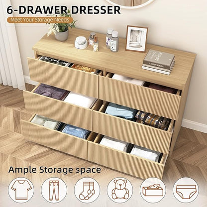 Fluted Dresser for Bedroom,6 Modern Large Wood Dresser,Chest of Drawers for Bedroom, Living Room,Hallway,Entryway,TV Stand Drawer Organizer(Fluted Natural)