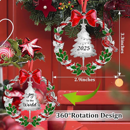 Christmas Ornament 2025 for Christmas Tree Decorations，Dated 2025 Christmas Wreath Ornament with Rotatable Tree for Holiday Decorative Keepsake Gift(Metal,1 Pack)