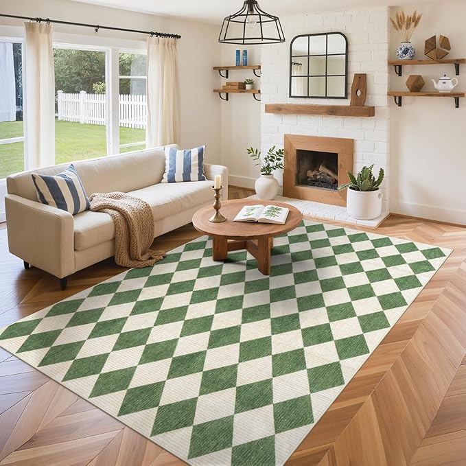 LIVEBOX 5x7 Checkered Rugs for Living Room, Washable Diamond Green Rug Non-Slip Modern Neutral Geometric Plaid Area Rugs for Bedroom, Low Pile Farmhouse Carpet for Office Kids Room Classroom Dorm