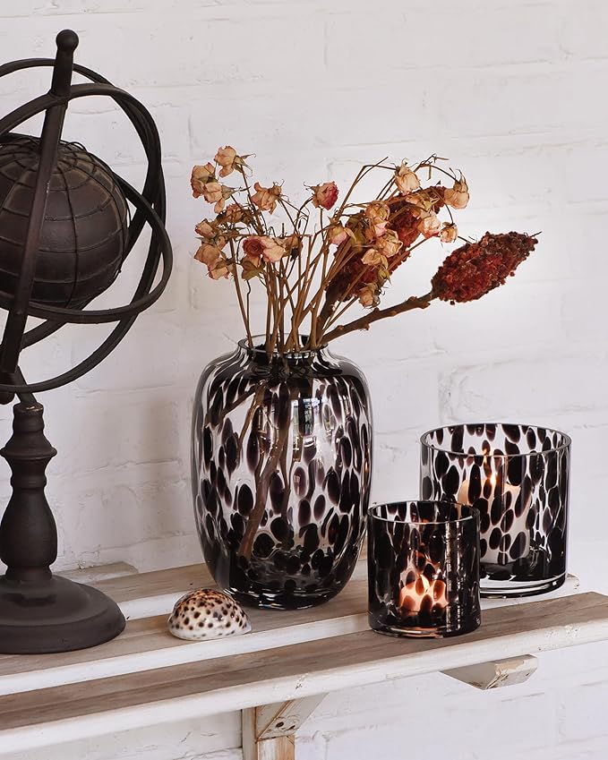CONVIVA Decorative Glass Vase and Candle Holder Set, 3-Piece, Flower Vase Tortoise Pattern,Modern Fall Home Decor Thanksgiving Chrismas Day Gift Idea.