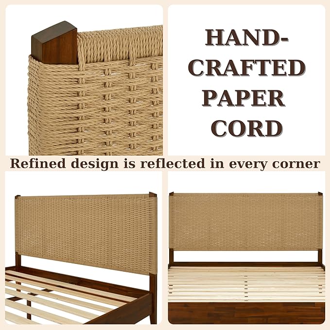 Bme Selina King Bed Frame and Headboard - Handcrafted Paper Cord Headboard, 12-Slat Support, No Box Spring Needed - Easy Assembly, Dark Chocolate