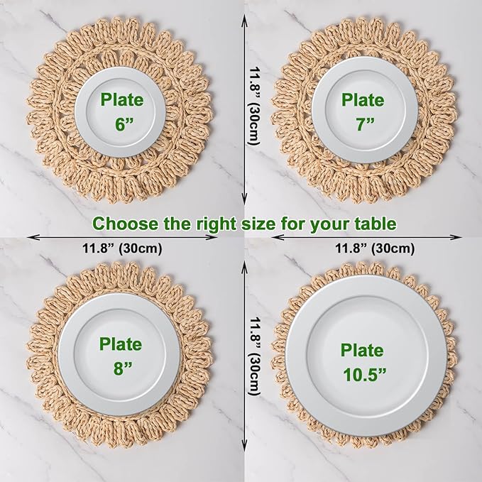 11.8" Set of 6 Round Corn Husk Placemats | Boho Woven Rattan Table Mats | Farmhouse Wicker Spring Plate Chargers Like Water Hyacinth, Seagrass for Wedding, Party, Christmas, Events