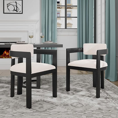 Christopher Knight Home Falcon Boucle Fabric Upholstered Dining Chairs Set of 2, Modern Wooden Dining Curved Backrest Kitchen Side Chair,Living Room Extra Seat,Black+Milky White