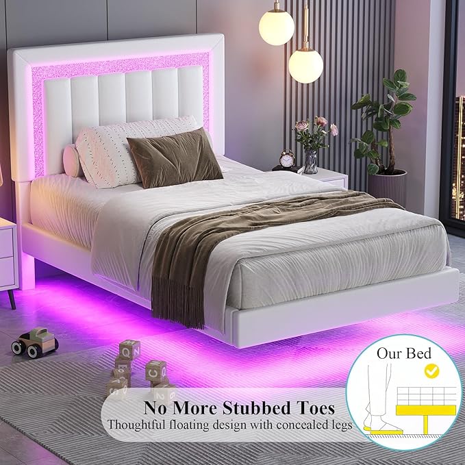 HOMBCK Floating Twin Bed Frame with Smart LED Lights, Faux Leather Upholstered Platform Bed with Diamond Headboard, No Box Spring Needed, Noise-Free, Easy Assembly, White