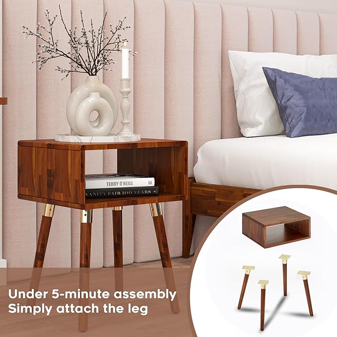 Bme Dinkee Solid Wood Bedside Table Without Drawer for Mid Century Bedroom and Living Room, Dark Chocolate