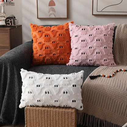 DFXSZ Halloween Pillow Covers 12x20 inch Set of 2 White Ghost Throw Pillow Cases Soft Plush Faux Fur Wool Cushion Case for Chair Bedroom Living Room Home Decor PTK03A12