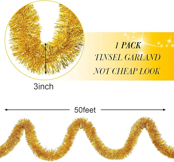 WILLBOND 50 ft Christmas Tinsel Garland Metallic Tinsel Twist Garland Christmas Tree Decorations New Year Wedding Birthday Hanging Decorations Party Supplies, 3 Inch(Gold)