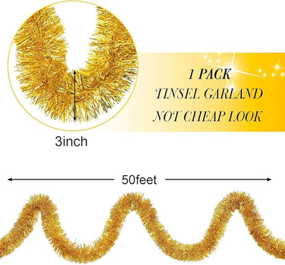 WILLBOND 50 ft Christmas Tinsel Garland Metallic Tinsel Twist Garland Christmas Tree Decorations New Year Wedding Birthday Hanging Decorations Party Supplies, 3 Inch(Gold)
