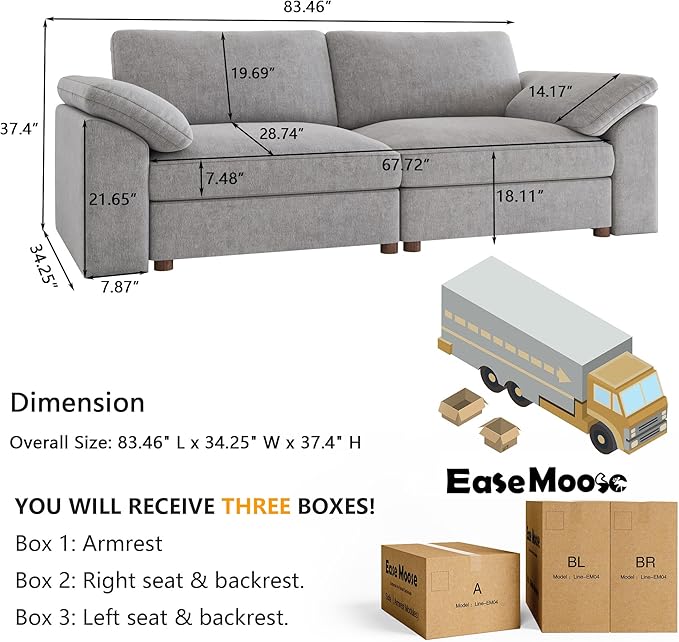EASE MOOSE Modern Loveseat Sofa for Living Room, Comfty 2 Seat Solid Wood Frame Sofa, FSC Certified Modern Deep Seat Couch, Removable Cover,Light Gray