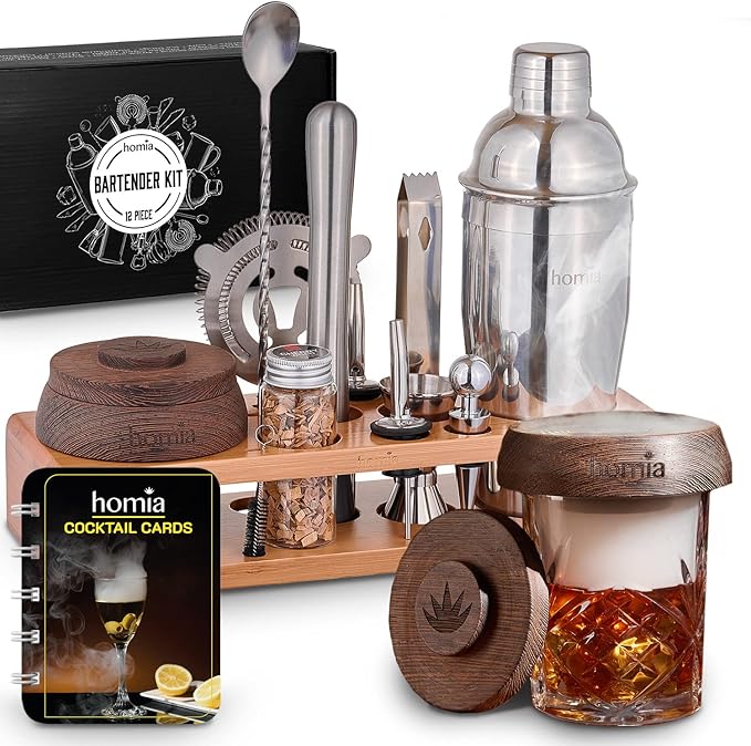 Bartender Kit with Whiskey Smoker - 13 pcs, Bamboo Stand - Bar Set with Cocktail Shaker, Bartending Kit with Essential Bar Accessory Tools, Wood Chips, Steel