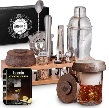 Bartender Kit with Whiskey Smoker - 13 pcs, Bamboo Stand - Bar Set with Cocktail Shaker, Bartending Kit with Essential Bar Accessory Tools, Wood Chips, Steel