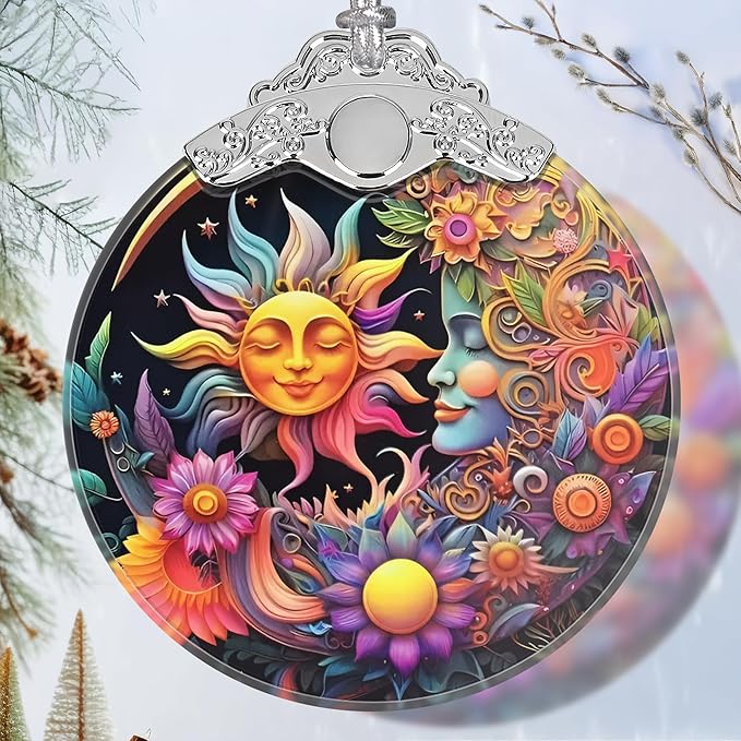 Stained Glass Christmas Ornament - Christmas Tree Ornaments - Sun and Moon Hanging Decor - Holiday Present Ideas - Gift Exchange