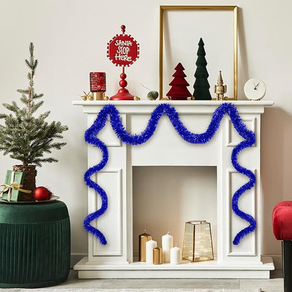 50 Feet Blue Christmas Tinsel Garland, Metallic Foil Twist Garland Wall Hanging Tinsel Banner Backdrop for Parade Floats, Easter, Mother's Day, Wedding Party Decorations (2in x 50ft)