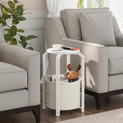 TUTOTAK Small Side Table, Round End Table, Night Stand, Bedside Table, Sofa Table with Storage Basket, Living Room, Bed Room, White TB01BW092