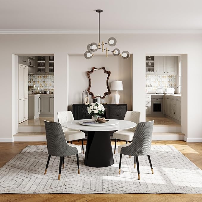 POVISON Round Dining Table for 4, 51" Modern Round Dining Table Built in Lazy Susan, Matte Sintered Stone Tabletop with Black Carbon Steel Pedestal, White