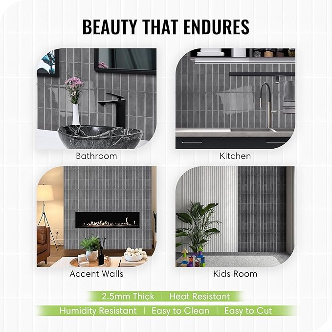 5 Pack Peel and Stick Backsplash Subway Tiles, Extra Thick 3D Wall Panels, Heat & Water Resistant, Easy DIY Kitchen, Bathroom, Laundry, Fireplace & Rental Home Wall Décor (12 x 12 in), Gray
