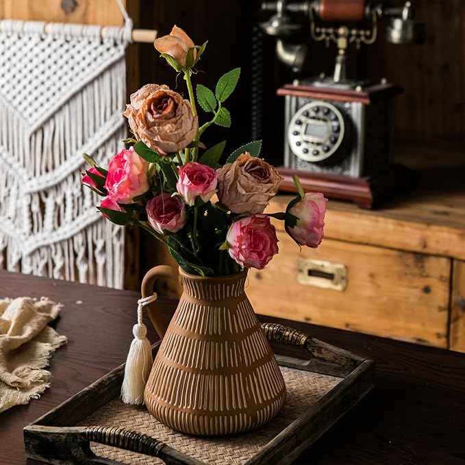 Rustic Farmhouse Vase with Handle and Tassel, Vertical Stripes Terracotta Pottery - Vintage Ceramic Clay for Home Décor, Shelf, Table, Bookshelf, Mantle, Entryway