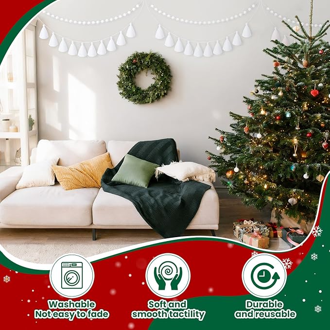 Syhood 4 Pcs Thanksgiving Christmas Pom Pom Tassel Garland Fall Felt Ball Banner Decorative Colorful Pompom Garland for Thanksgiving Autumn Xmas Theme Party Classroom Home Decor(White Color)