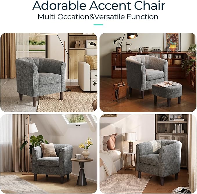 LINSY Accent Chair Ottoman Set: Chenille Barrel Chair with Foot Rest, Mid-Century Modern Small Reading Chair Upholstered Armchair with Footrest for Living Room Bedroom Study Room Office