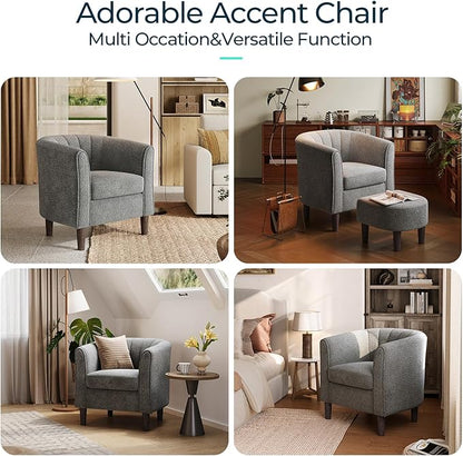 LINSY Accent Chair Ottoman Set: Chenille Barrel Chair with Foot Rest, Mid-Century Modern Small Reading Chair Upholstered Armchair with Footrest for Living Room Bedroom Study Room Office