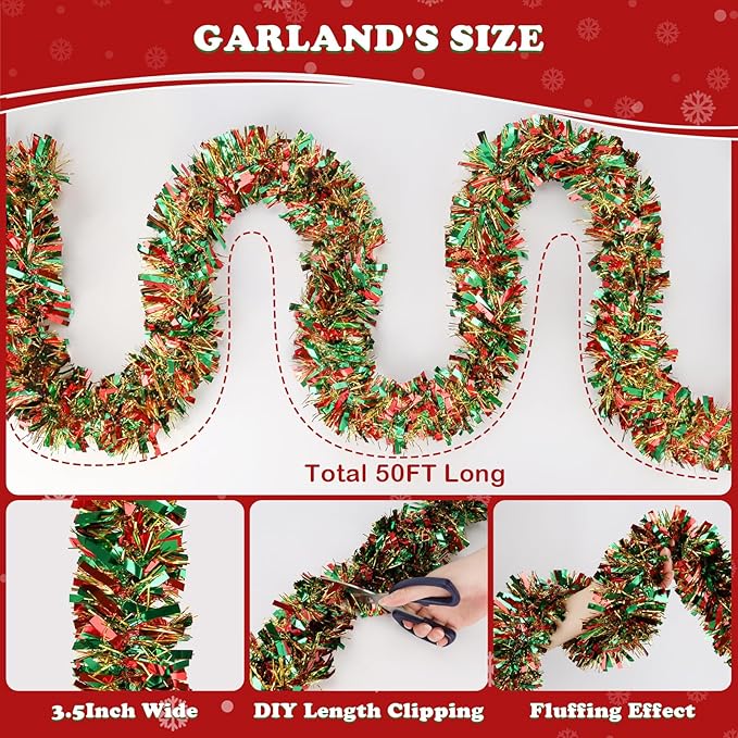 50FT Christmas Tinsel Garland, Red Green&Gold Metallic Twist Shiny Hanging Garland Ornaments for Christmas Tree, Party Supplies Thick Metallic Xmas Streamers
