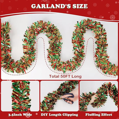 50FT Christmas Tinsel Garland, Red Green&Gold Metallic Twist Shiny Hanging Garland Ornaments for Christmas Tree, Party Supplies Thick Metallic Xmas Streamers