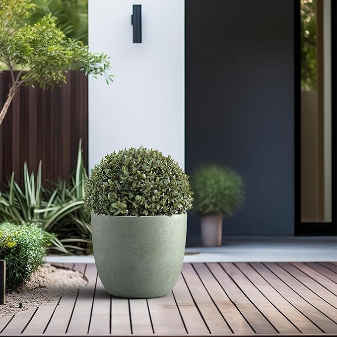 Kante 14 Inch Dia Round Concrete Planter, Indoor Outdoor Large Plant Pot with Drainage Hole and Rubber Plug for Home Patio Garden, Mint Green