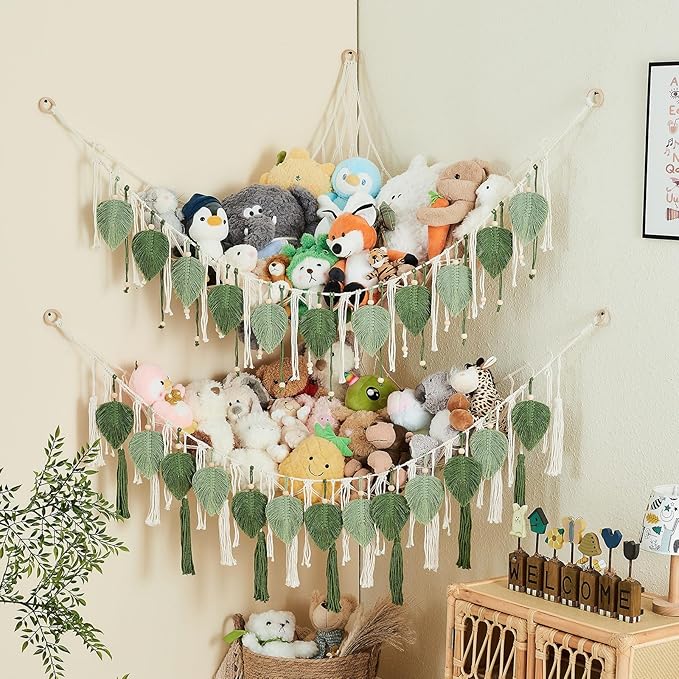 Pretty Jolly Stuffed Animal Storage with Hand Woven Leaf Tassels Hammock Corner Hanging Net Boho Macrame Plush Storage for Toys Kid Room Wall Nursery Decor for Girls Gift (Sage Green&Avocado Green)