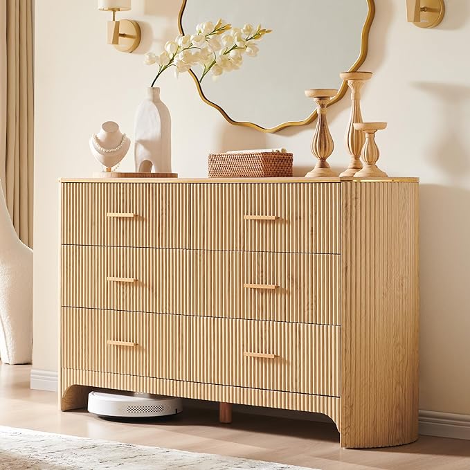 Fluted 6 Drawer Dresser for Bedroom with Curved Profile Design,53.9" W Chest of Drawers with Reeded Texture,Wide Storage Cabinet with Smooth-Glide Drawers,gold metal handle or Living Room,Natural Oak