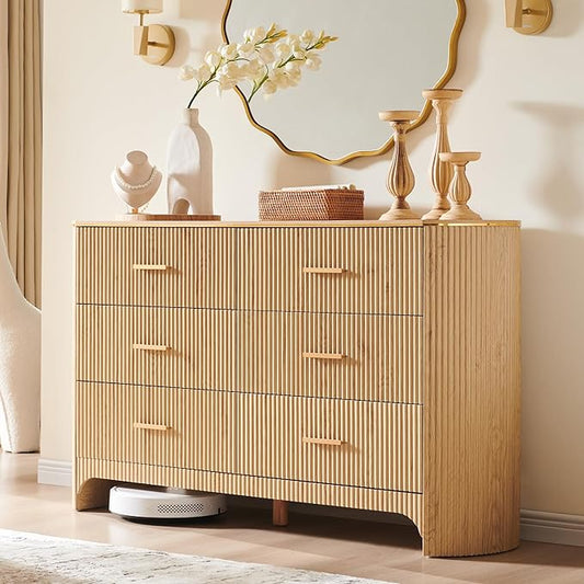 Fluted 6 Drawer Dresser for Bedroom with Curved Profile Design,53.9" W Chest of Drawers with Reeded Texture,Wide Storage Cabinet with Smooth-Glide Drawers,gold metal handle or Living Room,Natural Oak