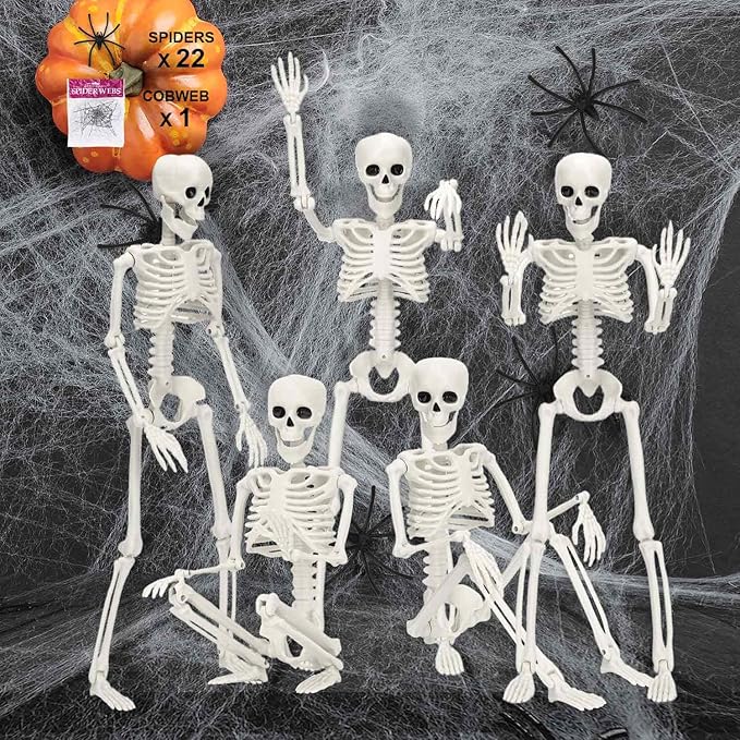 5 Pack Posable Skeleton Halloween Decorations, 16in Halloween Skeleton Decor- Full Body Movable Joints with 22 Spiders & Cobweb, Outdoor/Indoor Scary Party Graveyard Props Hanging Skeletons
