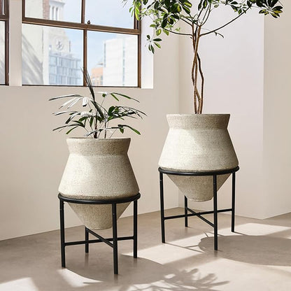 LuxenHome Planters for Indoor Plants, Set of 2 Indoor Plant Pots, Novelty Decorative Planters with Black Metal Stands, Distressed Cachepot Cauldron Large Floor Flower Pot for Living Room, 11 & 16 Inch