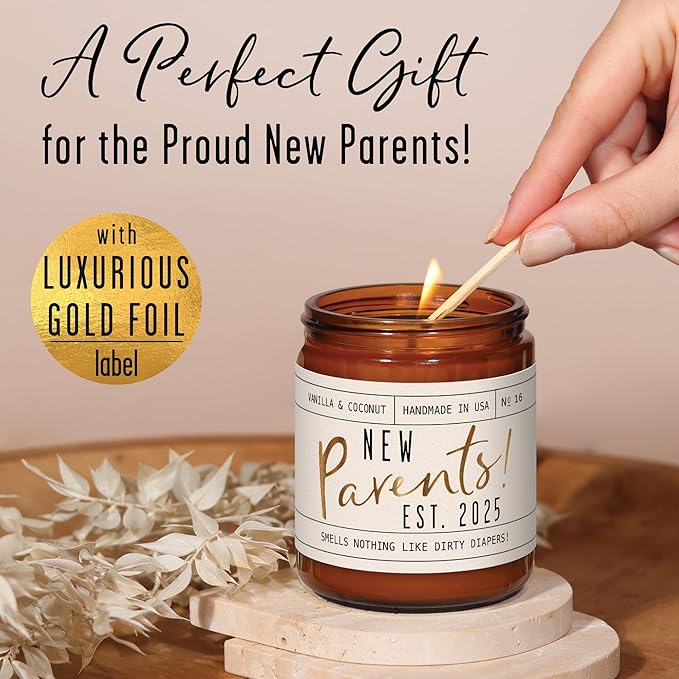 New Parents Gifts for Couples - 'New Parents Est 2025' Candle, w/Coconut, Vanilla I Mom and Dad Gifts for New Parents After Birth I First Time Parents Gift I Expecting Parents I 50 Hr Burn, USA Made
